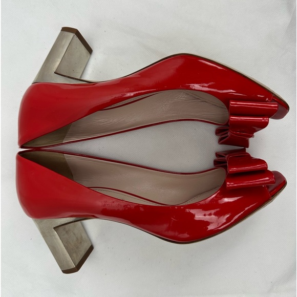 Miu Miu Prada Red Patent Leather Pip Toe Swarovski Crystals Block Heels Pumps - Picture 5 of 7